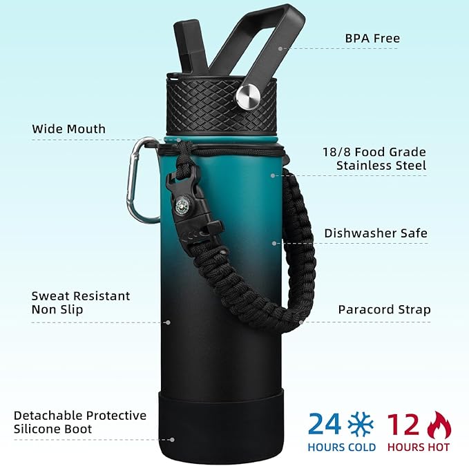 BJPKPK Insulated Water Bottle with Straw Lid, 22oz Thermo Water Bottles with 3 Lids, Paracord Handle & Non-slip Boot, BPA Free Leak Proof Stainless Steel Tumblers,Army Green & Black