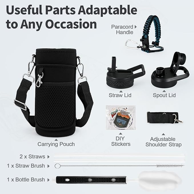 20 oz Insulated Water Bottle with Straw (Cold for 48 Hrs), Stainless Steel Triple Wall Vacuum Sports Water Jug, Leakproof Hydro Cup Flask with Paracord Handle & Straw Spout Lids & DIY Stickers
