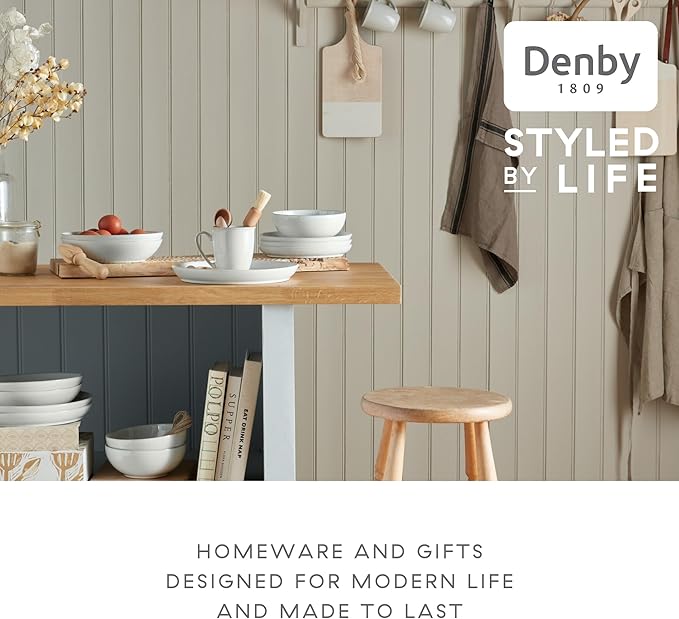 Denby - Elements Stone White Dinner Set For 4-12 Piece Simple Ceramic Stoneware Tableware Set - Dishwasher Microwave Oven Safe - Scratch Chip Resistant