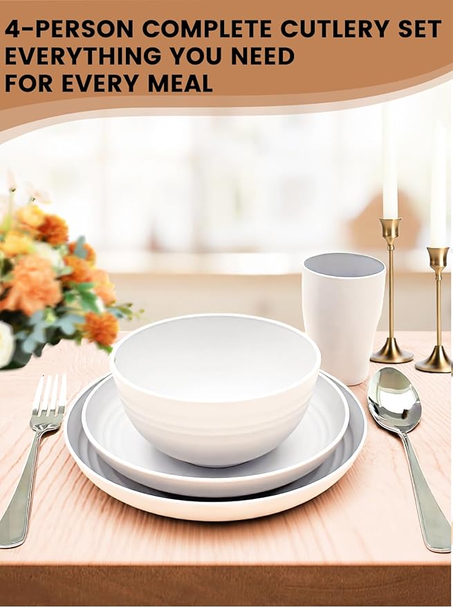24 Pcs Dinner Plates Set- Picnic & Camping- Unbreakable & Reusable- Includes 4 x 9in, 4 x 8in Plates, 4 x 6in Bowls, 4 Cups, 4 Stainless Steel Forks and Spoons- Kitchen, Dorm, Office