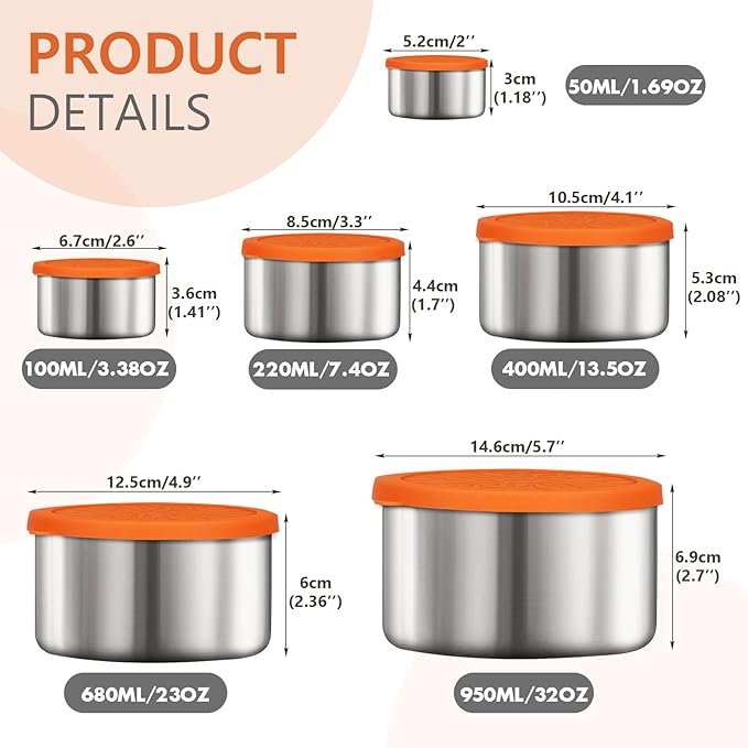 6 Pack Stainless Steel Snack Containers with Silicone Lids, Metal Food Storage Container for Snackle Box, Nesting Lunch Box Containers for Travel