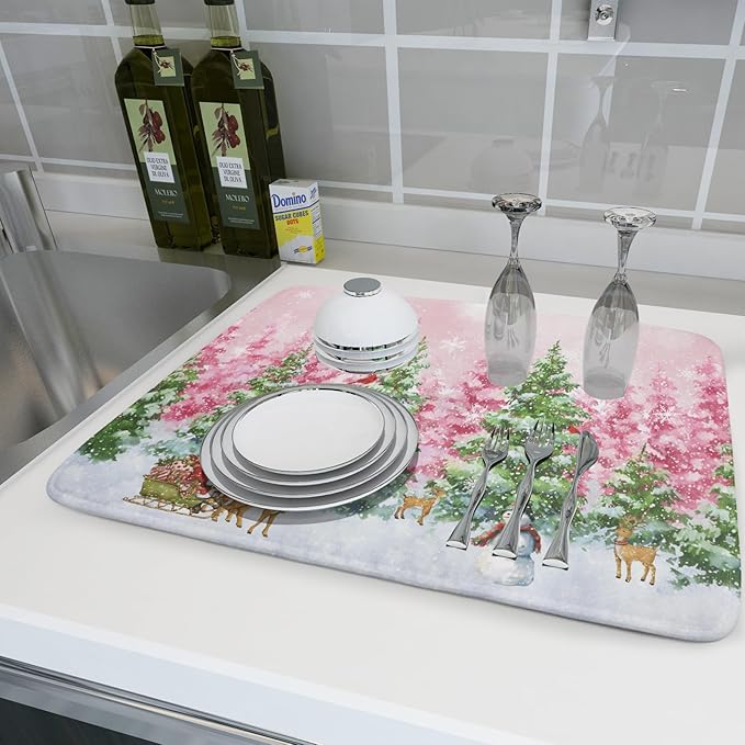 Winter Dish Drying Mats for Kitchen Counter Watercolor Forest Decoration Coffee Mat for Holiday Decor
