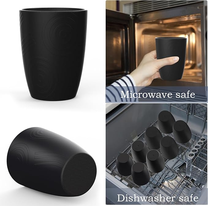 Wheat Straw Cups 8 PCS Good Alternative to Plastic Reusable Cups 12 oz Unbreakable Drinking Cup Reusable Dishwasher Safe Water Plastic Glasses Pure Black