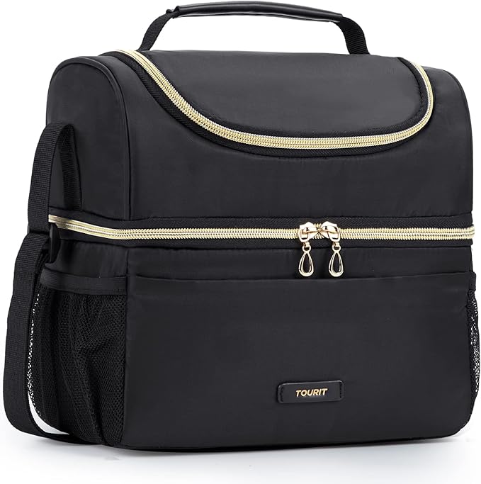 TOURIT Insulated Lunch Bag with Dual Compartment, Leakproof Cooler Tote for Work Office Picnic, Thermal Food Container Black