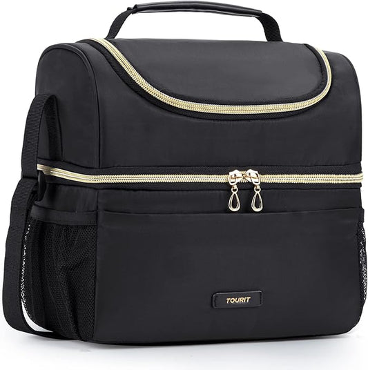 TOURIT Insulated Lunch Bag with Dual Compartment, Leakproof Cooler Tote for Work Office Picnic, Thermal Food Container Black