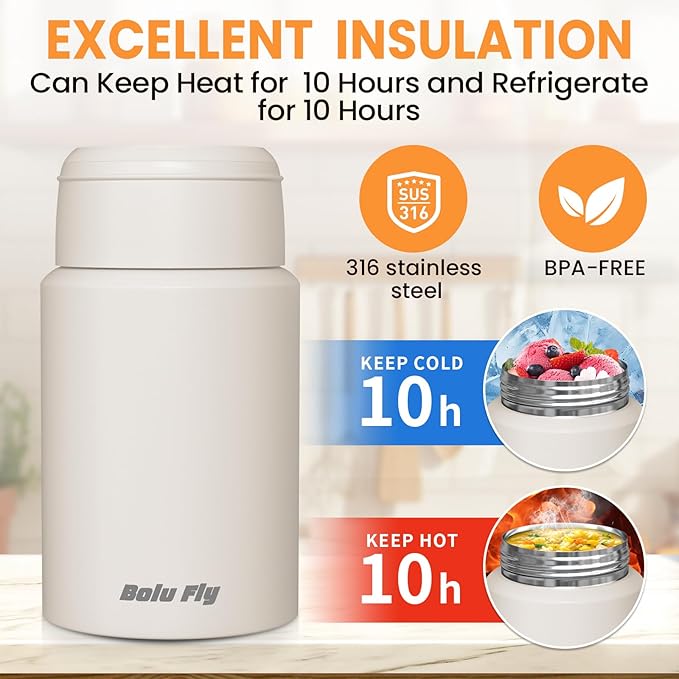 2 Pack Soup Thermo for Hot Food for Adults, Insulated Food Jar, Stainless Steel Vacuum Thermal Lunch Box Containers with Carry Bag and Spoon (18.5oz, 27oz) (White)