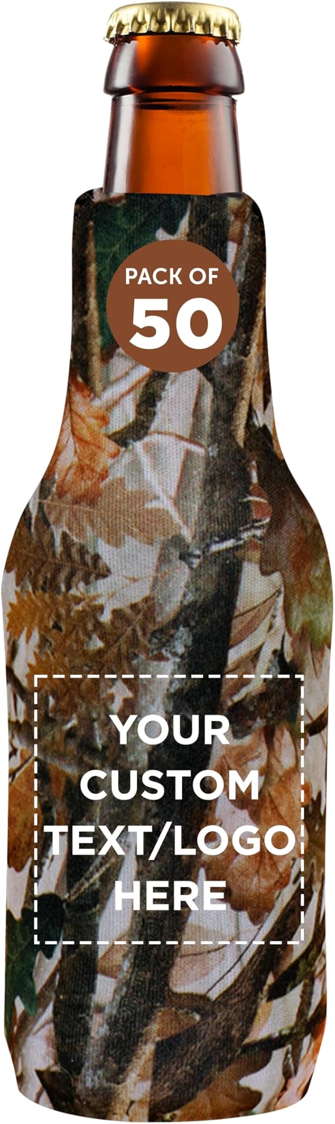 50 Neoprene Zippered Beer Bottle Coolies Pack - Customizable Text, Logo - Sharkskin Rubber Bottom - Camo3