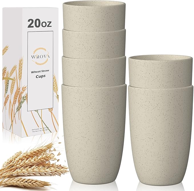 Wrova Wheat Straw Cups 6 PCS Good Alternative to Plastic Reusable Cups 20 oz Unbreakable Drinking Cup Reusable Dishwasher Safe Water Plastic Glasses Beige