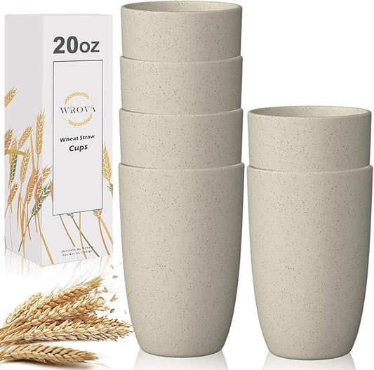 Wrova Wheat Straw Cups 6 PCS Good Alternative to Plastic Reusable Cups 20 oz Unbreakable Drinking Cup Reusable Dishwasher Safe Water Plastic Glasses Beige