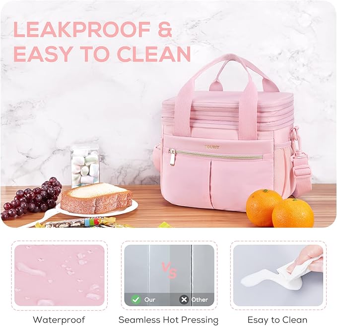 TOURIT Insulated Lunch Box Bag, Double Deck Leakproof Cooler Tote for Work Office Picnic, Expandable Lunch Container, Pink