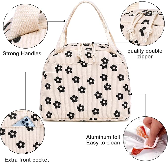 Bluboon Lunch Bag for Women Men Cute Corduroy Lunch Tote Bags Reusable Insulated Lunch Box Large Capacity Reusable Insulated Cooler for Work Picnic or Travel (Corduroy floral)