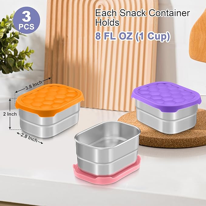 TeamFar 3 Pcs Stainless Steel Snack Containers for Kids, 8 OZ Small Food Container with Silicone Lid Easy Open Leak Proof, Metal Toddler Lunch Bento Box for Child Daycare School, MultiColor