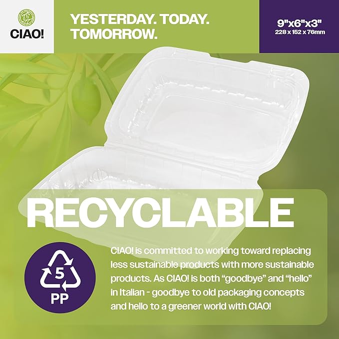 CIAO! 9"x6"x3" 1 Compartment PP Plastic Clear Hinged Container for Take Out (Case of 200)