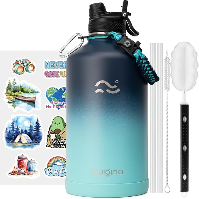 [2-IN-1 LID] Gallon Insulated Water Bottle with Silicone Boot (48hrs Cold/24hrs Hot) - DIY Stickers, Leakproof, BPA Free, 128 oz