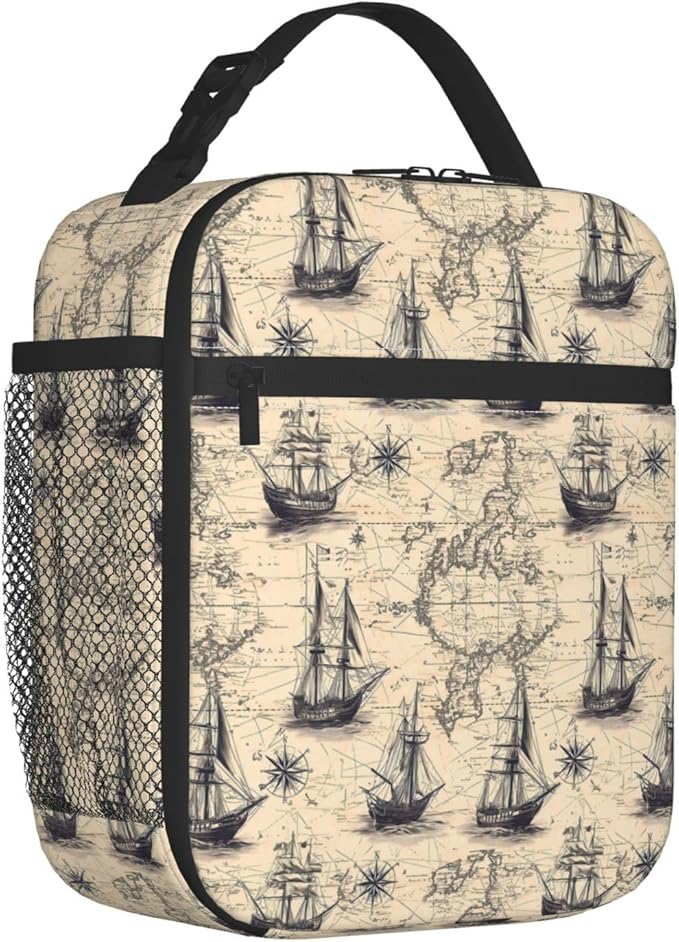Vintage Nautical Map Lunch Box for Kids,World Maps Insulated Bag for Student,Ships Reusable Thermal Insulation Cooler Tote Bags for School Work Picnic Camping Outdoor Gifts