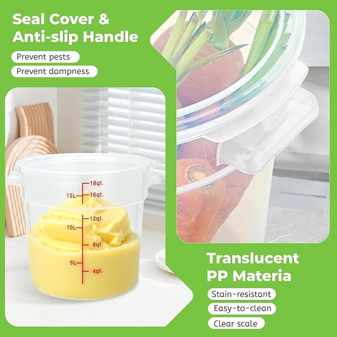 4 Pack Round Food Storage Containers with Lids, 18Qt Large Translucent, Polypropylene, BPA Free, Includes Labels & Measuring Cups