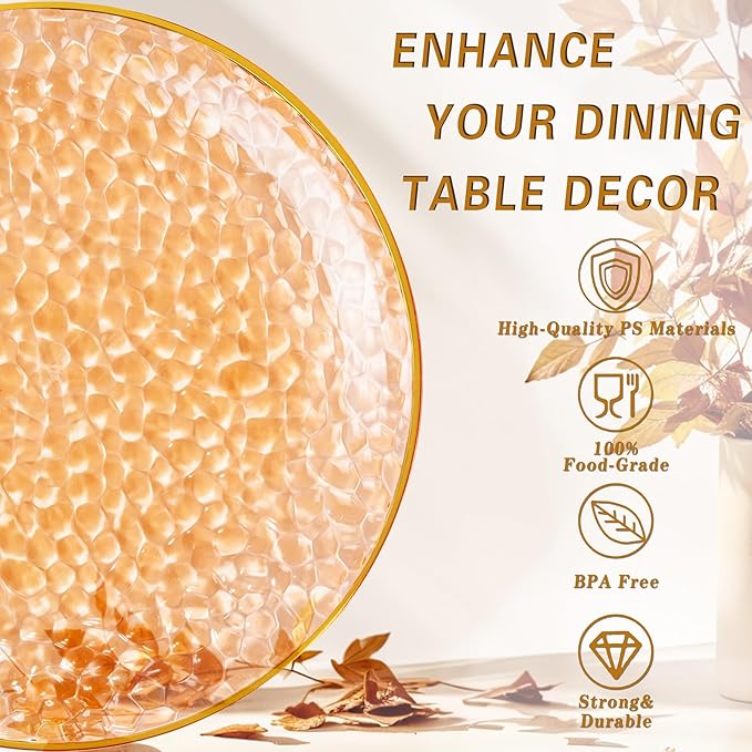 Rubtlamp 100Pcs Thanksgiving Plastic Dinner Plates, 10 Inch Disposable Orange Dinner Plates, Heavy Duty Plates with Gold Rim, Hammered Disposable Plastic Party Plates For Event Party