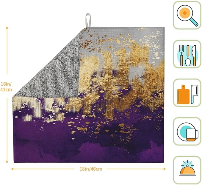 Purple Gold Abstract Art Dish Drying Mat for Kitchen Counter, Absorbent Microfiber Drying Pad for Dishes, Decorative Kitchen Mat for Sink Area & Coffee Bar, Foldable Reversible Purple Decor 16" x 18"