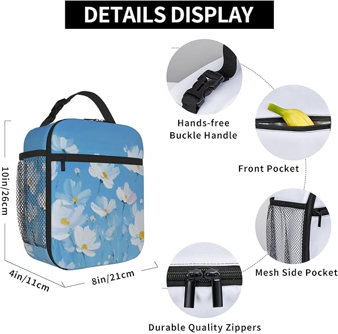 SUPLUCHOM Lunch Bag Flower Painting Blue Insulated Bento Box Cooler with Side Pocket for Girl Boy Women Men Work School Picnic Hiking Daytrip
