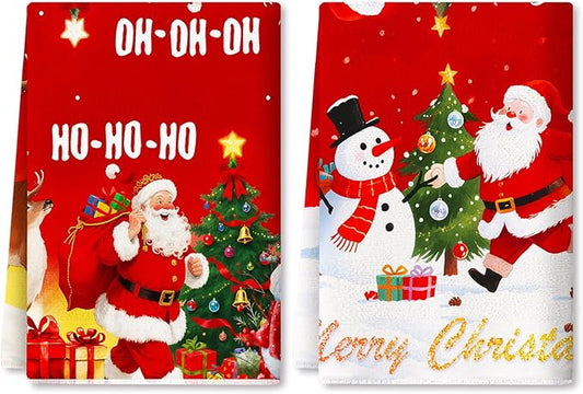 2PC Christmas Kitchen Towels,Red Dish Towels Xmas Absorbent Christmas Towels Decoration Winter Holiday Snowman Housewarming Gift for Kitchen Hand Towel 18 x 27 Inch