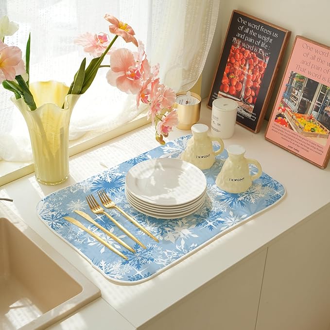 Christmas Dish Drying Mats 18x24 Inch White Blue Snowflake Drying Mats Xmas Winter Holiday Kitchen Decor Absorbent Drying Dish Pad Rack Drainer Mats for Kitchen Dining Room Counter