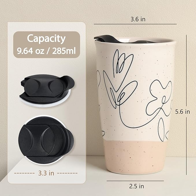 ANTIS'S HOME Ceramic Coffee Mug with Lid, Flower Pattern Double Wall Coffee Travel Mug Ceramic Tumbler 9.64oz, Reusable Tall Cup, Splash Resistant Lid, Dishwasher Microwaveable Safe