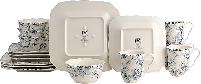 222 Fifth Adelaide 16-Piece Square Floral Dinnerware Set – Service for 4, Blue & White Porcelain Plates & Bowls, for Everyday Dining & Entertainment, Microwave & Dishwasher Safe, Chip Resistant