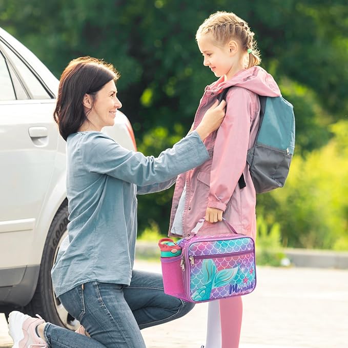 Bagseri Kids Lunch Bag Girls - Kids Lunch Box for Girls Reusable Insulated Lunch Bag with Water Bottle Holder Toddler Lunch Box for Daycare and School, Purple Mermaid Tail (Water Bottle Not Included)