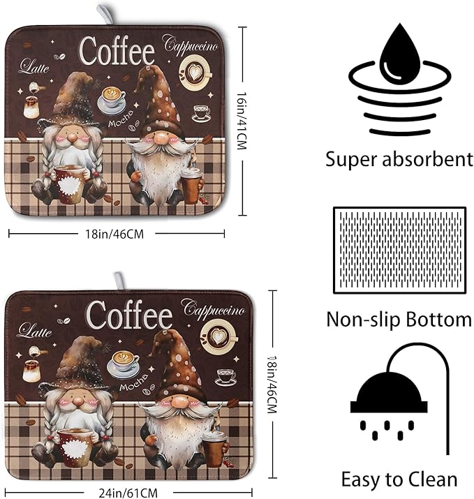 Chef Gnome Kitchen Dish Drying Mat for Kitchen Counter 18x24 Inch, Brown Buffalo Plaid Cooking Mocha Coffee Mat Reversible Microfiber Super Absorbent Quick Dry Rack Pad for Bar Sinks Home Decor