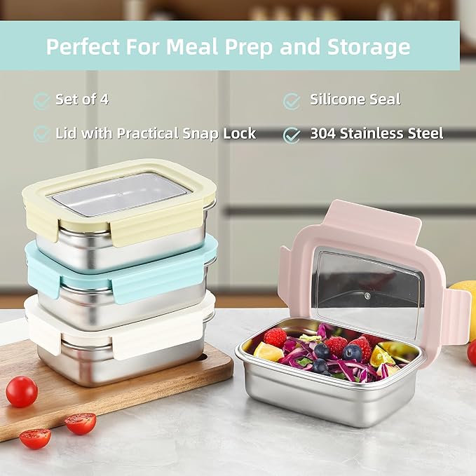 BEFOY 4PCS Stainless Steel Snack Container with Lids 22.8oz Meal Prep freezer Bento Lunch Snack Boxes for Leak Proof & Airtight,Reusable & Stackable (white, yellow, pink,green)
