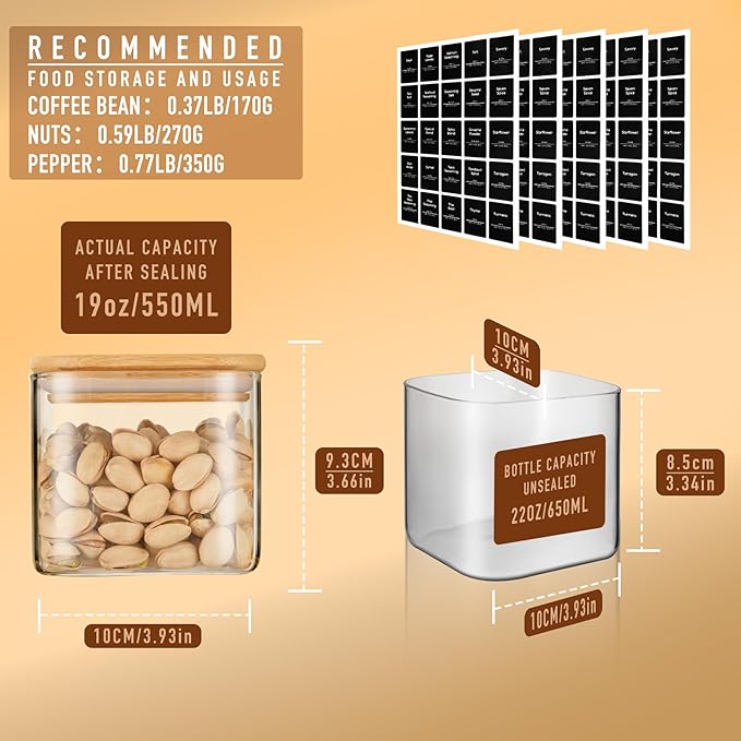 22oz Airtight Square Spice Containers with Bamboo Lid Set of 6 (650ml) Kitchen Pantry Organization Jar Stackable Spice Jar, for Sugar, Tea, Cookies and Coffee beans (‎with Black Lable)