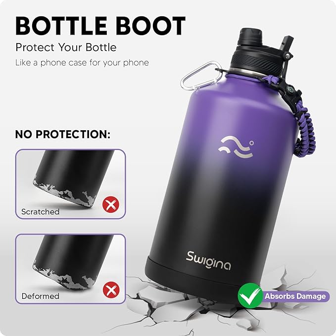[2-IN-1 LID] Gallon Insulated Water Bottle with Silicone Boot (48hrs Cold/24hrs Hot) - DIY Stickers, Leakproof, BPA Free, 128 oz