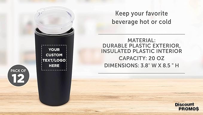 Custom Plastic Tumblers 20 oz. Set of 12, Personalized Bulk Pack - With lids, Ice Coffee Tumbler, To Go Cup, Insulated - Black