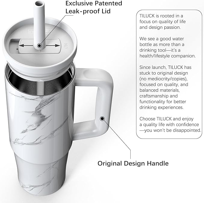 TILUCK 30 oz Tumbler with Handle, Vacuum Insulated Stainless Steel Travel Mug with 100% Leak-Proof Silicone Straw Lid, Cupholder Friendly Water Bottle(Marble, 30oz)