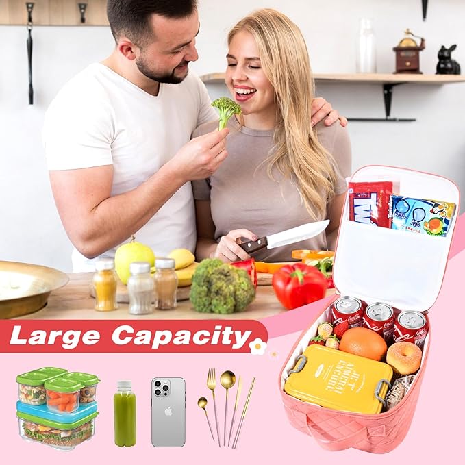 Aileam Quilted Lunch Box, Orange, Cute Girls Lunch Box, Insulated Womens Lunch Bag, Large Capacity, Reusable Insulated Cooler for Work, School, Picnic, Travel