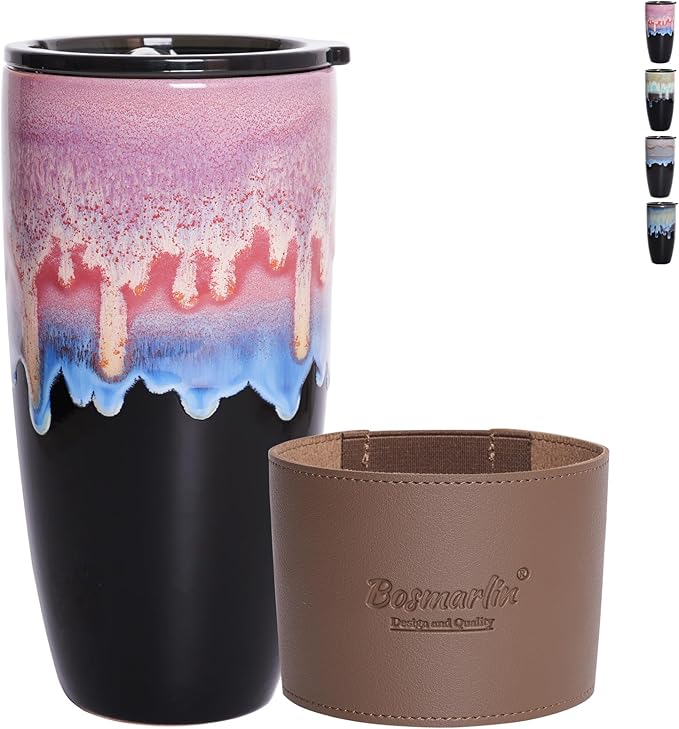 Bosmarlin Ceramic Travel Coffee Mug with Lid, 21 oz, Portable Coffee Cup for Car Cup Holder, Microwave and Dishwasher Safe, Reactive Glaze