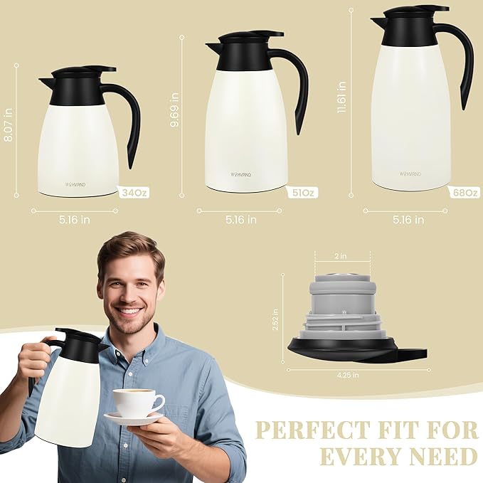 51 Oz Thermal Coffee Carafe, Stainless Steel Insulated Vacuum coffee crafts to keep coffee hot, 1.5 Liter Tea Water Coffee and Beverage Dispenser (Cream)