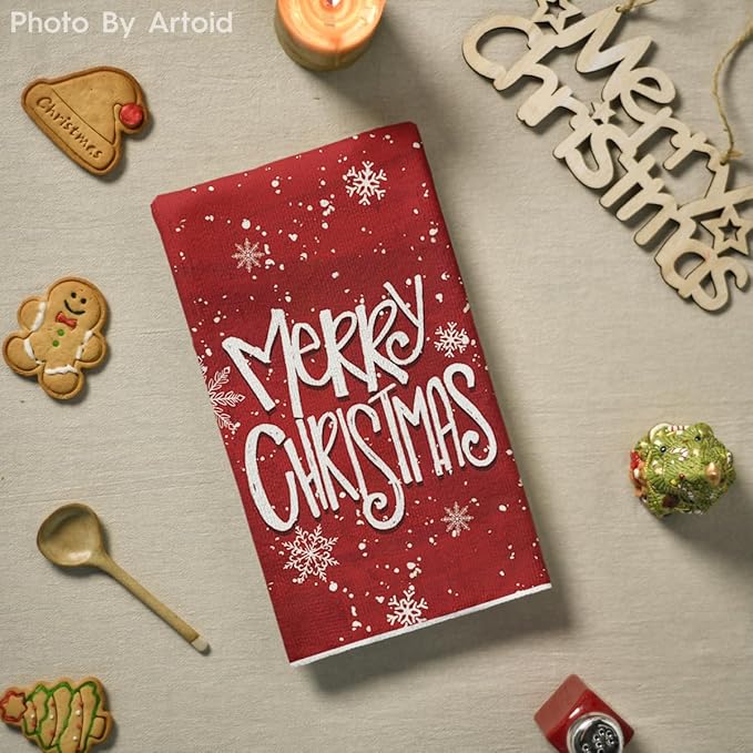 Artoid Mode Snowman Merry Christmas Kitchen Towels Dish Towels, 18x26 Inch Farmhouse Holiday Joy Snowflake Winter Decoration Cleaning Set of 4