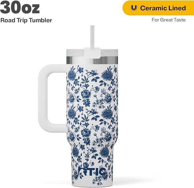 RTIC 30 oz Road Trip Tumbler Double-Walled Ceramic Lined InsulatedStainless Steel Portable Travel Coffee Mug Cup with Lid, Handle and Straw, Blue Bouquet