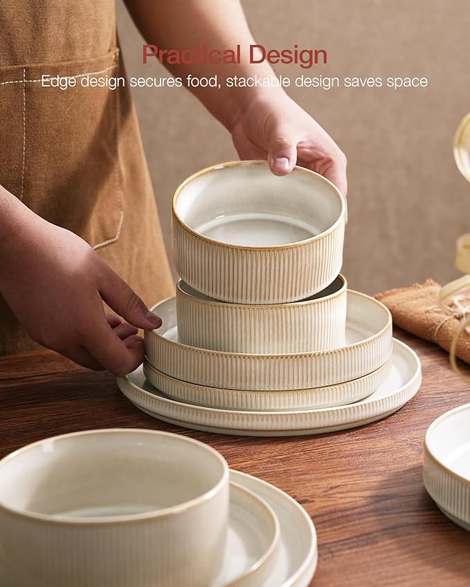 Famiware Star Dinnerware Set with Mugs, Service for 4 (16pcs), Ribbed Stoneware Plates and Bowls Dishes Sets - Chip & Scratch Resistant, Microwave & Dishwasher Safe, Cappuccino White