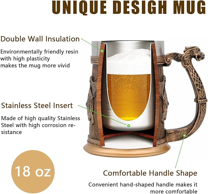 Medieval Viking Mug Beer Stein Tankard,Stainless Steel Drinking Tankard Mug Coffee Cup,Norse Mythology Poetic Gothic Decor Party Decoration Drinkware Gift for Men18OZ(Drakkar Warrior)