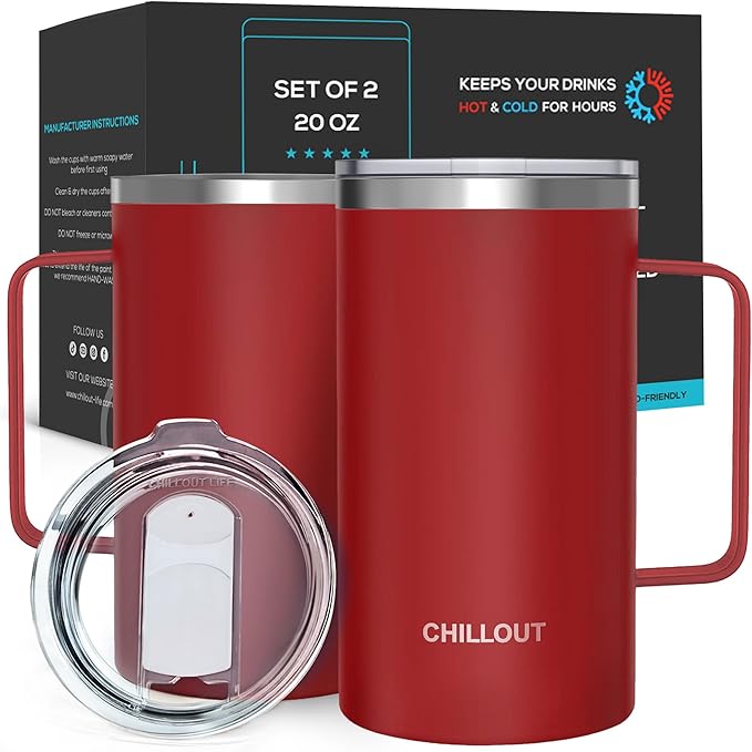 CHILLOUT LIFE Stainless Steel Vacuum Insulated Coffee Mug 16 oz (Set of 2) with Handle and Lid, Large Thermal Camping Coffee Mugs with Sliding Lid for Men & Women, Keeps Your Beverages Hot & Cold
