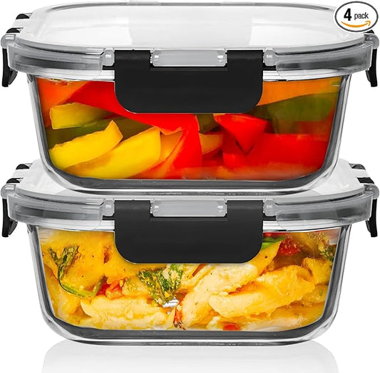 Razab 2 PC 1200ML / 42 Oz Glass Food Storage Containers with Lids - Airtight & Leakproof - Microwave/Oven/Freezer Safe - BPA Free - Ideal for Meal Prep, Storing Leftover & Lunch