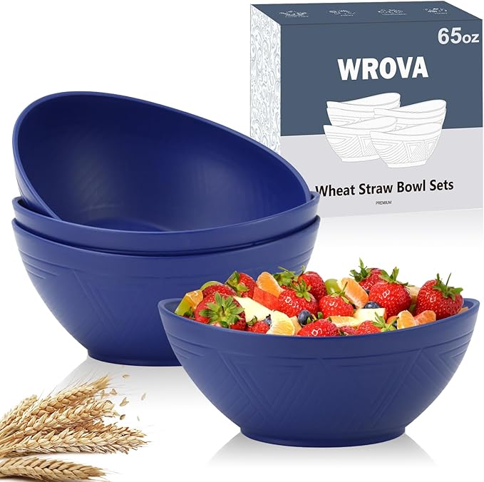 Wrova 65oz Large Salad Bowls Deep Blue - Wheat Straw Serving Bowls Set of 4 - Unbreakable Serving Bowls Dishware & Microwave Safe - BPA Free Bowl for kitchen,camping