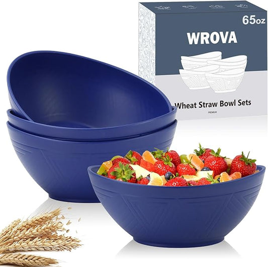 Wrova 65oz Large Salad Bowls Deep Blue - Wheat Straw Serving Bowls Set of 4 - Unbreakable Serving Bowls Dishware & Microwave Safe - BPA Free Bowl for kitchen,camping