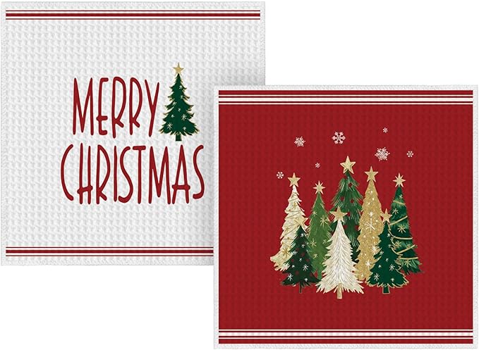 Artoid Mode Red Star Xmas Tree Merry Christmas Kitchen Dish Cloths, 12x12 Inch Quick Dry Microfiber Dishcloths for Kitchen Dish Rags Set of 2