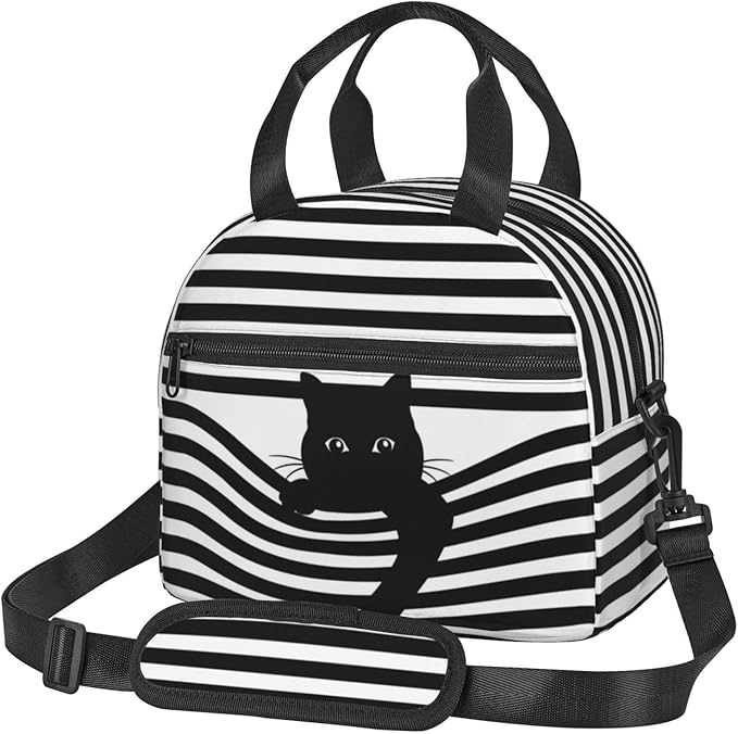 Black Cat Reusable Insulated Lunch Box Waterproof Lunch Bag with Detachable and Adjustable Shoulder Strap for Office Picnic or Travel