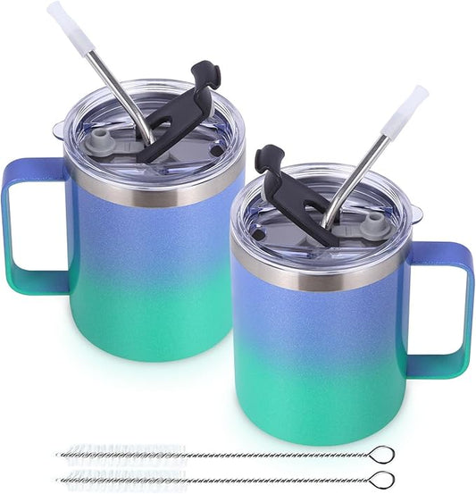 Volhoply 12oz Insulated Leakproof Coffee Mug with Flip & Straw Lid Bulk 2 Pack,Double Wall Vacuum Stainless Steel Travel Tumbler Cup with Handle,Camping Mugs Keep Cold/Hot(Purple Green,2 Set)