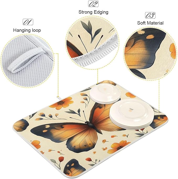 Watercolor Butterfly Pattern Dish Drying Mat for Kitchen Counter Super Absorbent Dishes Pad Reversible Microfiber Protector Dish Draining Mats 18x24 inch