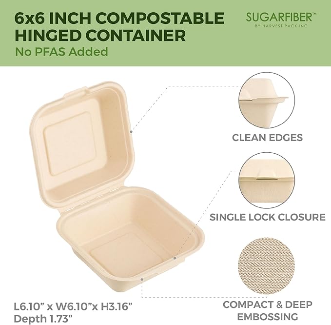 [50 COUNT]Harvest Pack PFAS FREE 6 X 6" Compostable Clamshell Take Out Food Containers, Single Compartment To go Container, Square Heavy-Duty Bagasse Bento Cake Box, from Eco-Friendly Sugarcane Fibers